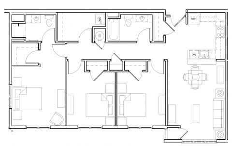 Floor plan for 3 beds, 2 baths, 1221 sqft